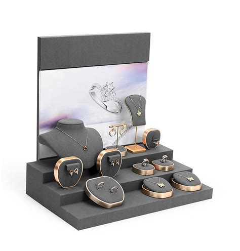 Luxury Retail Gold Metal Dark Gray Velvet Jewelry Display Sets