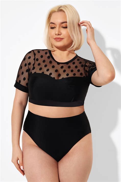 Black Mesh Polka Dot Short Sleeve Bikini Top Meet Curve Meet Curve