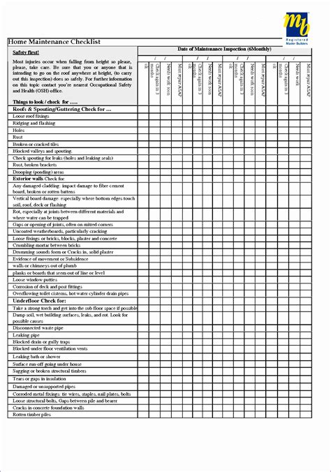 Preventive Maintenance Checklist Template Excel