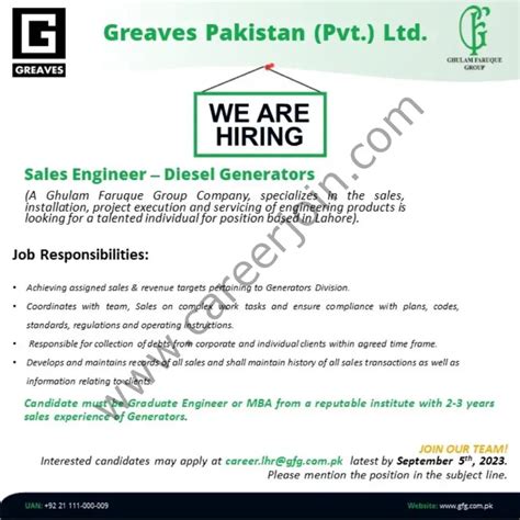 Greaves Pakistan Pvt Ltd Jobs Sales Engineer