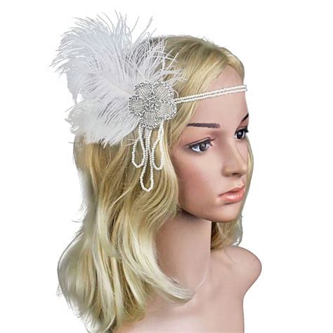 1920s Womens White Feather Flapper Headband Pearl Tassles Roaring 20s