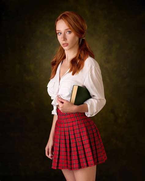 Max Pyzhik Women Redhead Blue Eyes Twintails Freckles Plaid Books Schoolgirl Simple Background