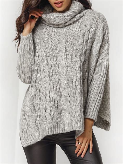 Grey High Neck Cable Knit Loose Sweater Shein Sheinside