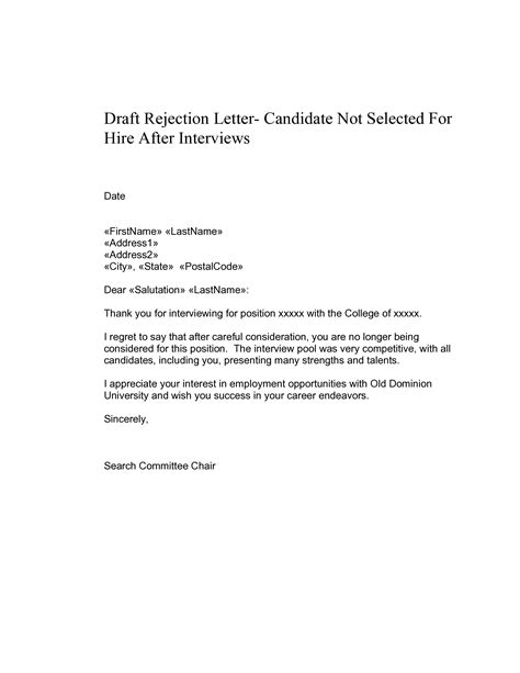 Rejection Letter Template For A Position After Interview