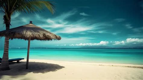 Beach With An Umbrella And Clear Blue Water Background, Beach ...