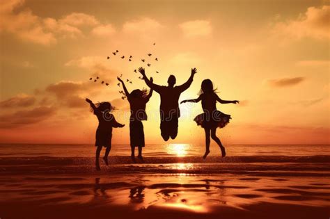 Silueta De Familia Feliz Saltando A La Playa Al Atardecer Feliz Familia