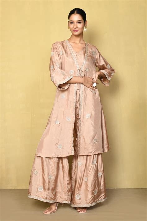 Buy Beige Opara Silk Embroidery Zari Floral Swirl V Jacket Sharara Set