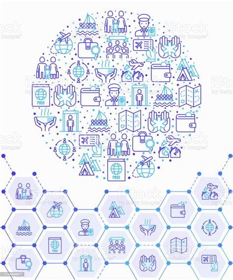 Immigration Concept In Circle With Thin Line Icons Immigrants Illegals