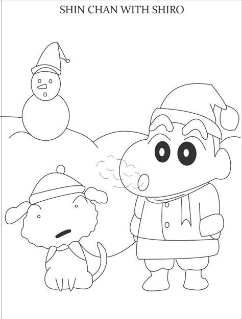 Shin chan and snowman coloring page for kids