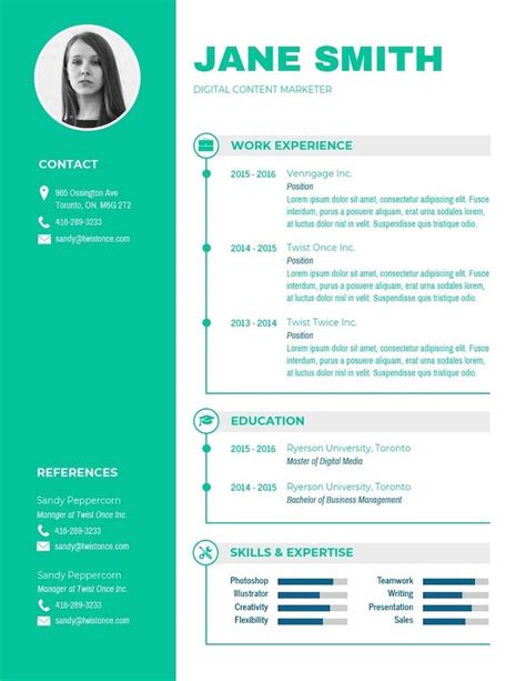 A Green And White Resume Template With An Image Of A Woman S Face On It