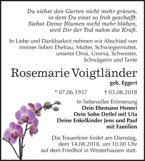 Traueranzeigen Von Rosemarie Voigtl Nder Abschied Nehmen De