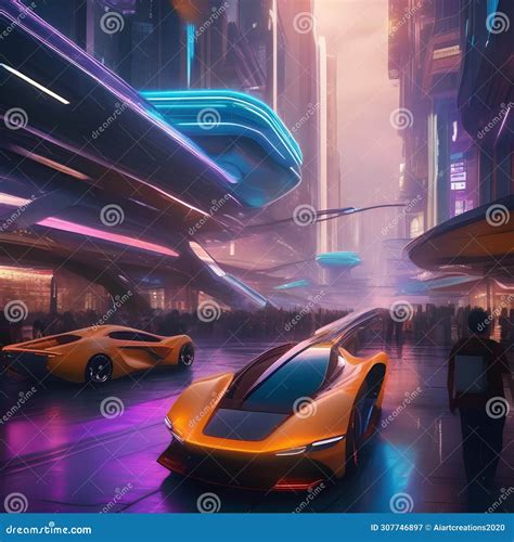 A Futuristic Cityscape with Flying Cars and Neon Lights, Bustling with