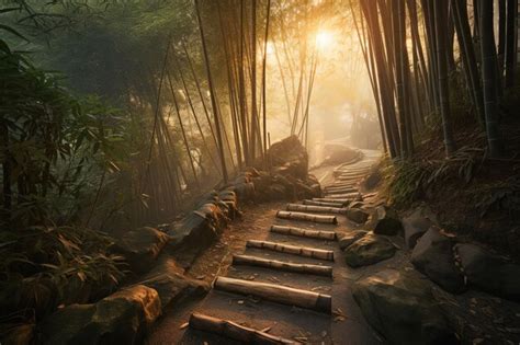 Premium Photo A Path In A Bamboo Forest With A Wooden Path Leading To