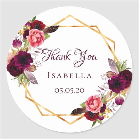 Thank You Watercolored Florals Burgundy Gold Classic Round Sticker