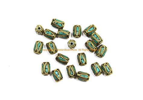 10 Beads Tibetan Turquoise Brass Inlay Barrel Beads Tibetan Beads