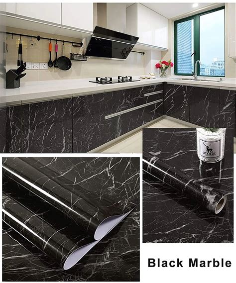 Livelynine Black Marble Wallpaper For Kitchen Counter Top Covers Black