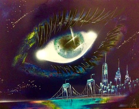 Universe eye and NYC skyline. Spray painting art