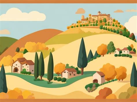 Charming Italian Village Whimsical Cartoon Landscape Drawing Premium