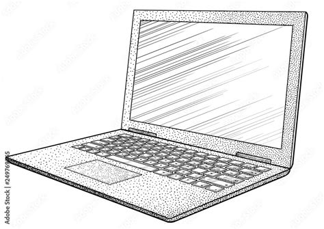 Laptop illustration, drawing, engraving, ink, line art, vector Stock ...