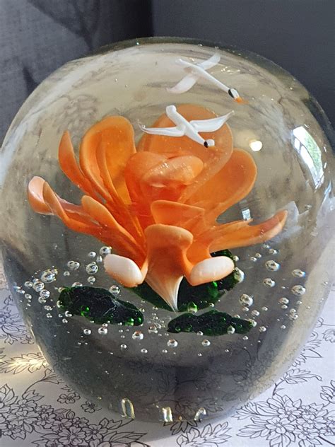 Vintage Heavy Glass Paperweight With Birds And Orange Flower Etsy Nederland