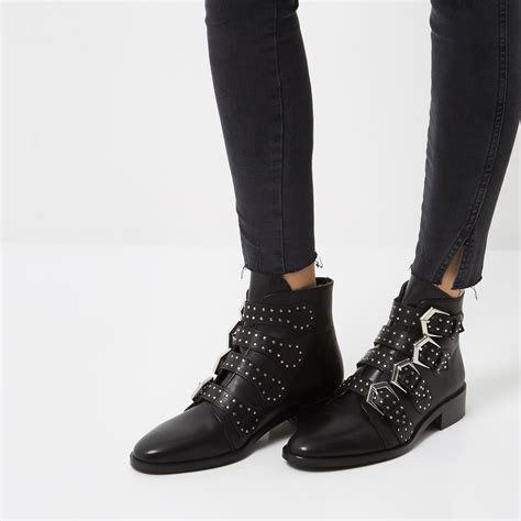 Lyst River Island Black Leather Stud Buckled Ankle Boots In Black