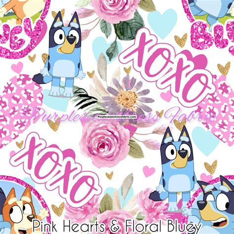 Pink Hearts & Floral Bluey – Purpleseamstress Fabric