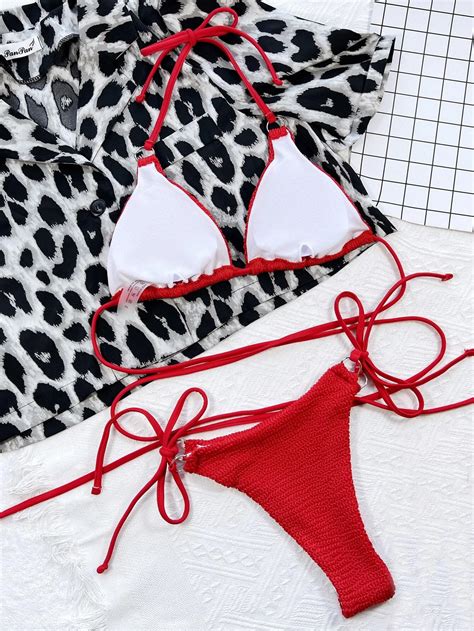 Ba Ador Bikini Con Textura Micro Tri Ngulo Con Cord N Lateral Rojo