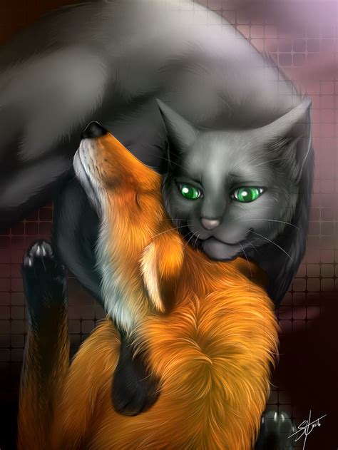 a painting of a cat hugging a fox