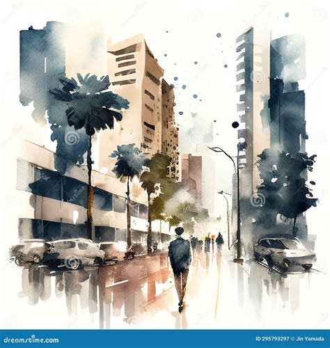 Watercolor Cityscape with Skyscrapers and Palm Trees. Digital ...