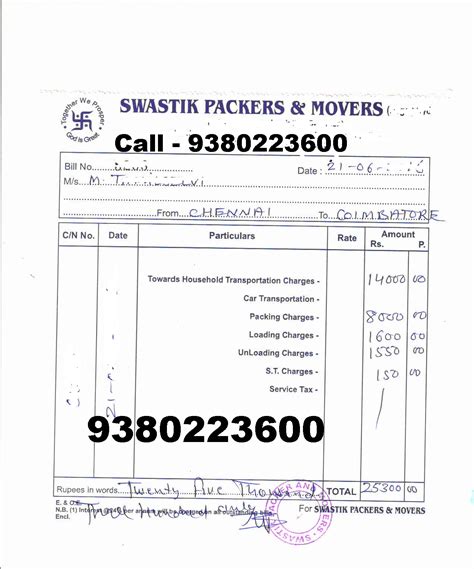 100 9380223600 Original Gst Packers Movers Bill For Claim Chennai