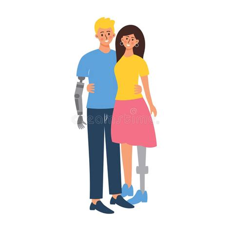 Love Couple Hugging Mman With A Prosthetic Arm And Woman With A Prosthetic Leg Stock Vector