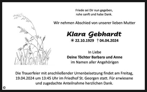 Traueranzeigen Von Klara Gebhardt Nordbayerischer Kurier