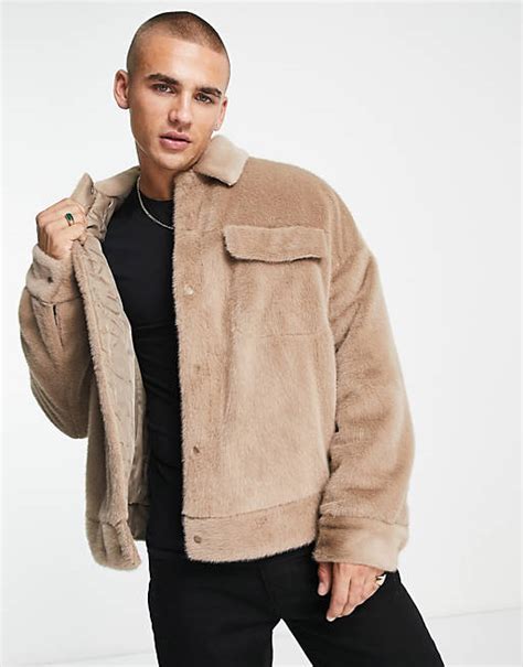 Asos Design Faux Fur Jacket In Beige Asos