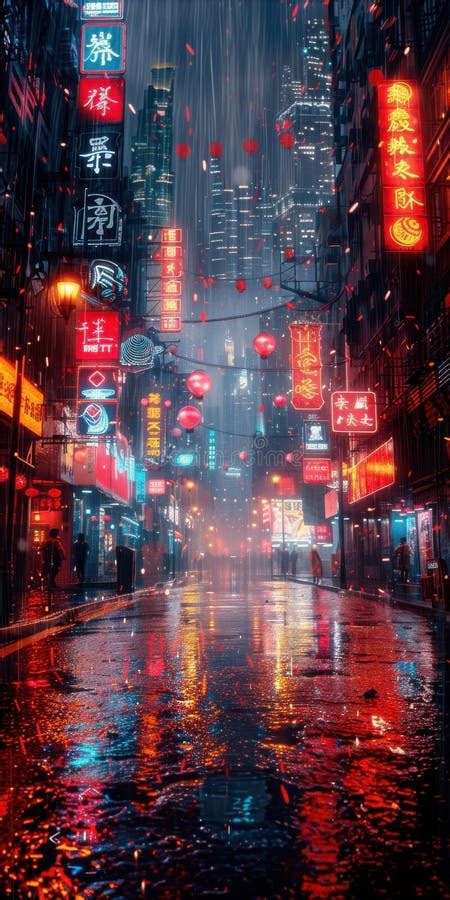 Rainy Asian Urban Street At Night Neon Lights Cyberpunk Cityscape