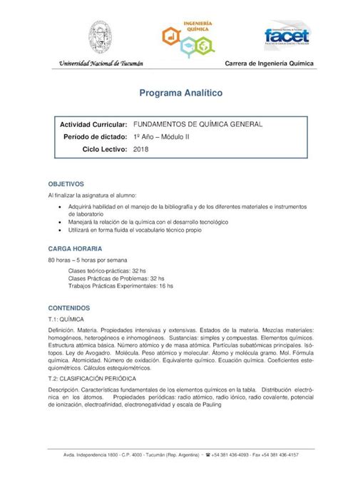 PDF Programa Analítico facet unt edu ar Ley de Avogadro Molécula