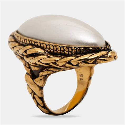 Alexander Mcqueen Aged Gold Tone Faux Pearl Cocktail Ring Size Eu