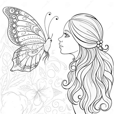 Pretty Girl And Butterfly Coloring Book Design For Adults Stock