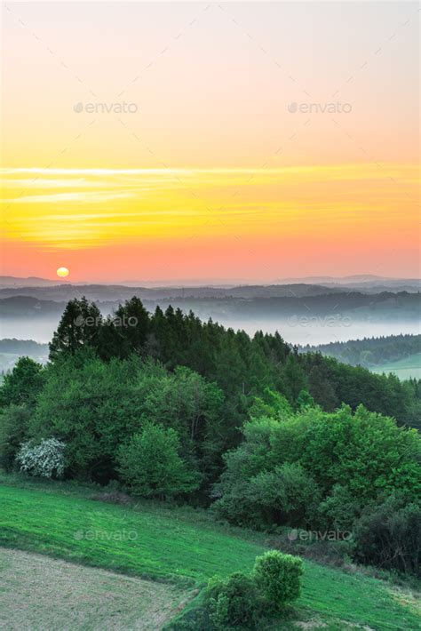 beautiful sunrise over hills foggy morning Stock Photo by merc67 ...