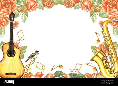 The Frame Is Musical With A Saxophone Piano Keys Roses And A Treble