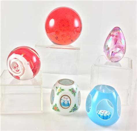 Lot 5 Glass Paperweights Including Large Red With Interior Bubbles 2¼ To 3½ H