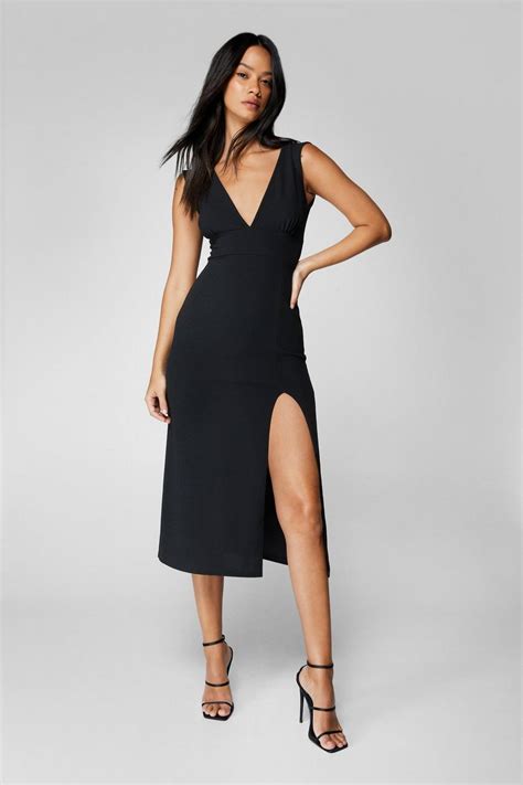 Plunge V Neck Split Midi Dress Boohoo Uk