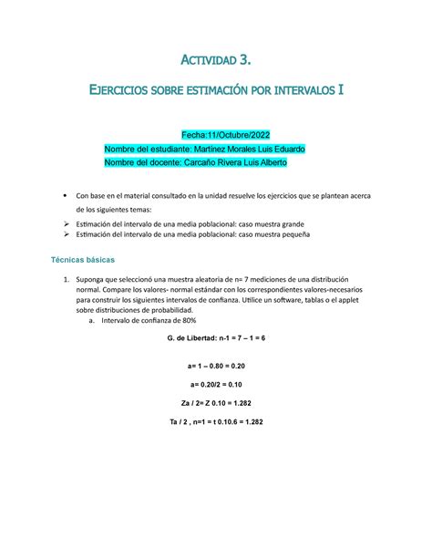 Actividad Estadistica Actividad Ejercicios Sobre Estimaci N Por