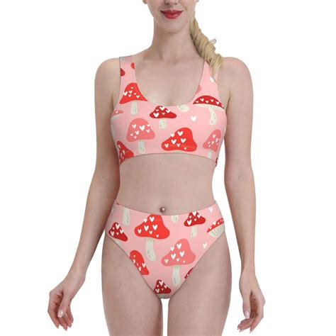 Fotbe Women S Cute Mushroom1 Print Bikini High Waisted Swimsuit Two