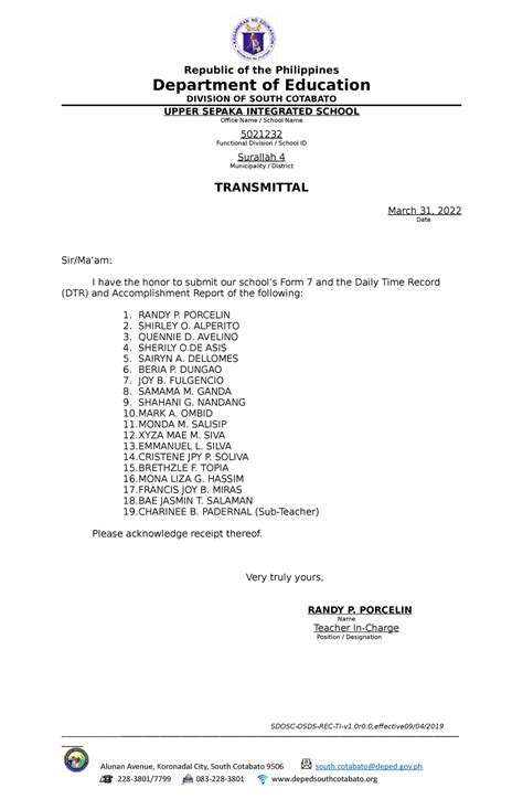 Transmittal New Template Republic Of The Philippines Department Of