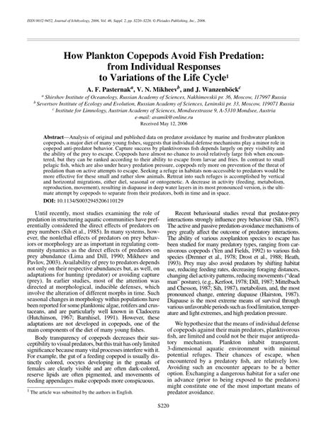 PDF How Plankton Copepods Avoid Fish Predation From Individual