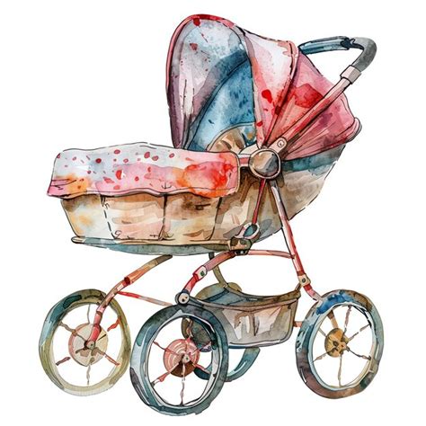 European Style Baby Stroller Illustration Watercolor For Nursery For