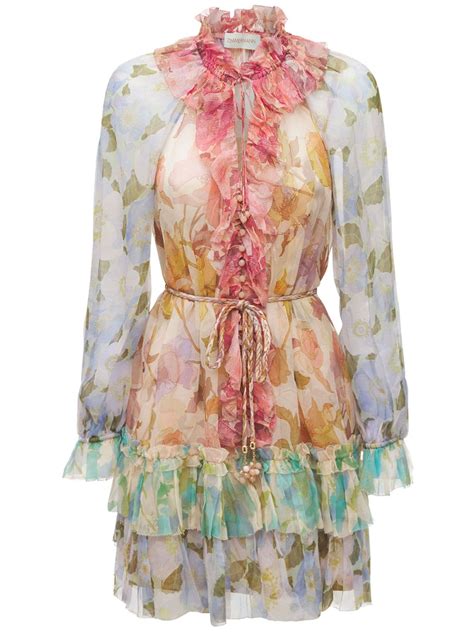 Zimmermann Tempo Belted Ruffled Floral Print Silk Chiffon Mini Dress In