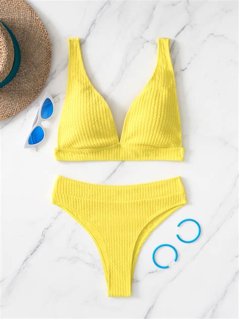 SHEIN Swim Vcay Ribbed Knit High Waisted Bikini Swimsuit SHEIN UK