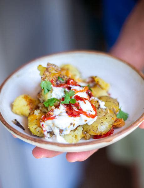 Recipe Panfried Smashed Potatoes Skillet Suhey Peppers