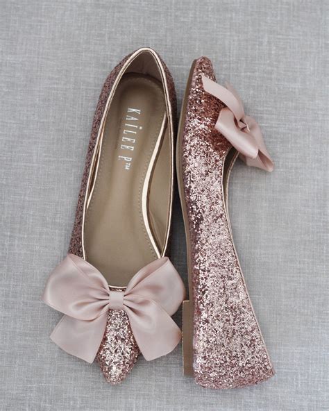 Rose Gold Rock Glitter Pointy Toe Flats With Oversized BLUSH SATIN BOW